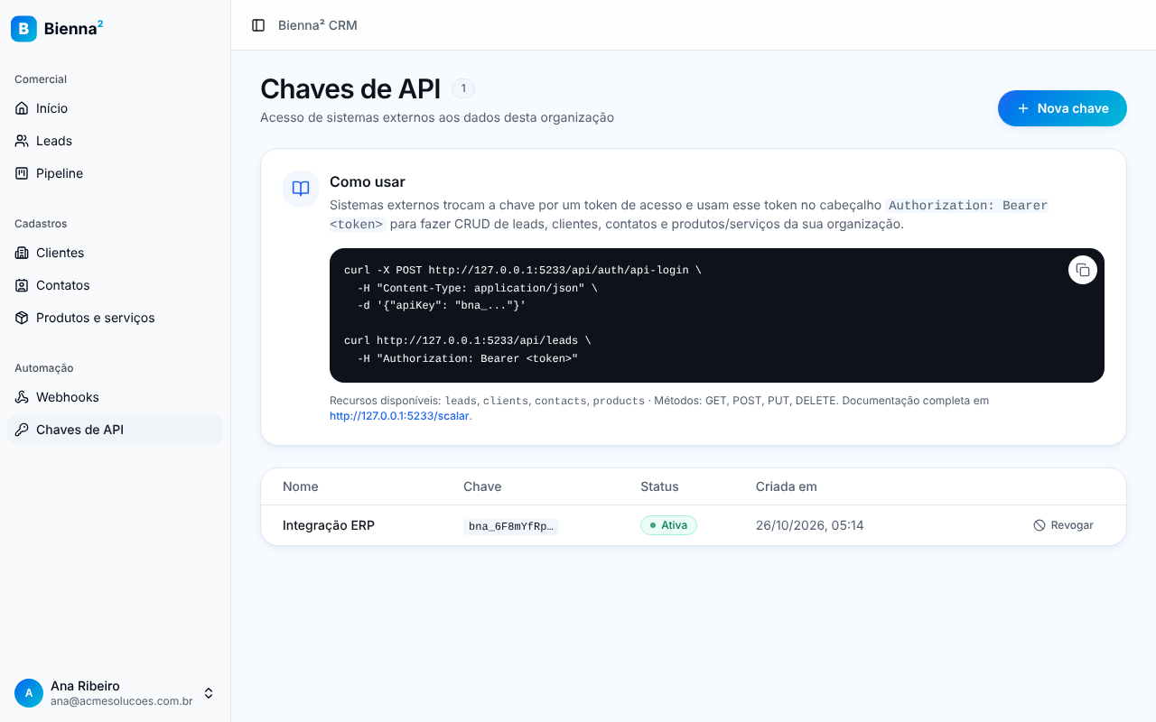 Página Chaves de API com o cartão Como usar e a lista de chaves