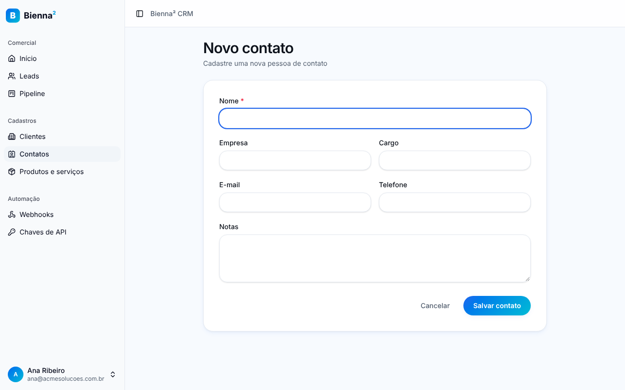 Formulário Novo contato com os campos Nome, Empresa, Cargo, E-mail, Telefone e Notas