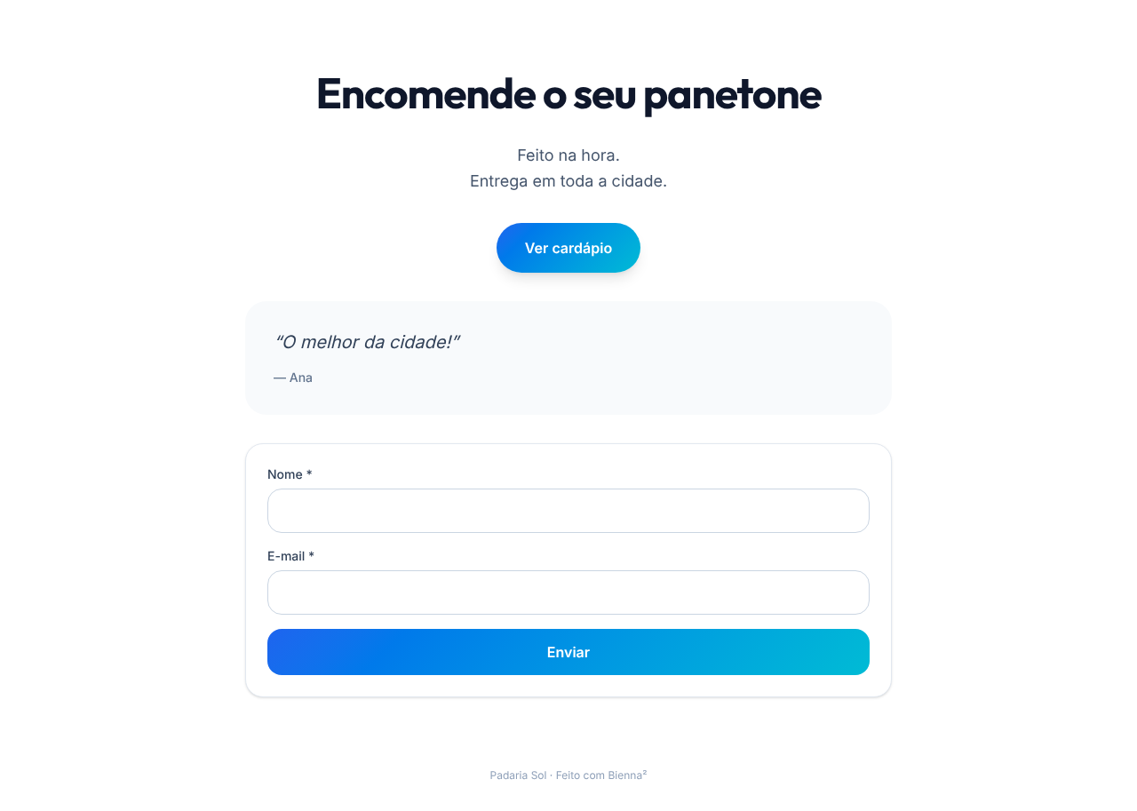 Landing page publicada com título, texto, botão, depoimento e formulário