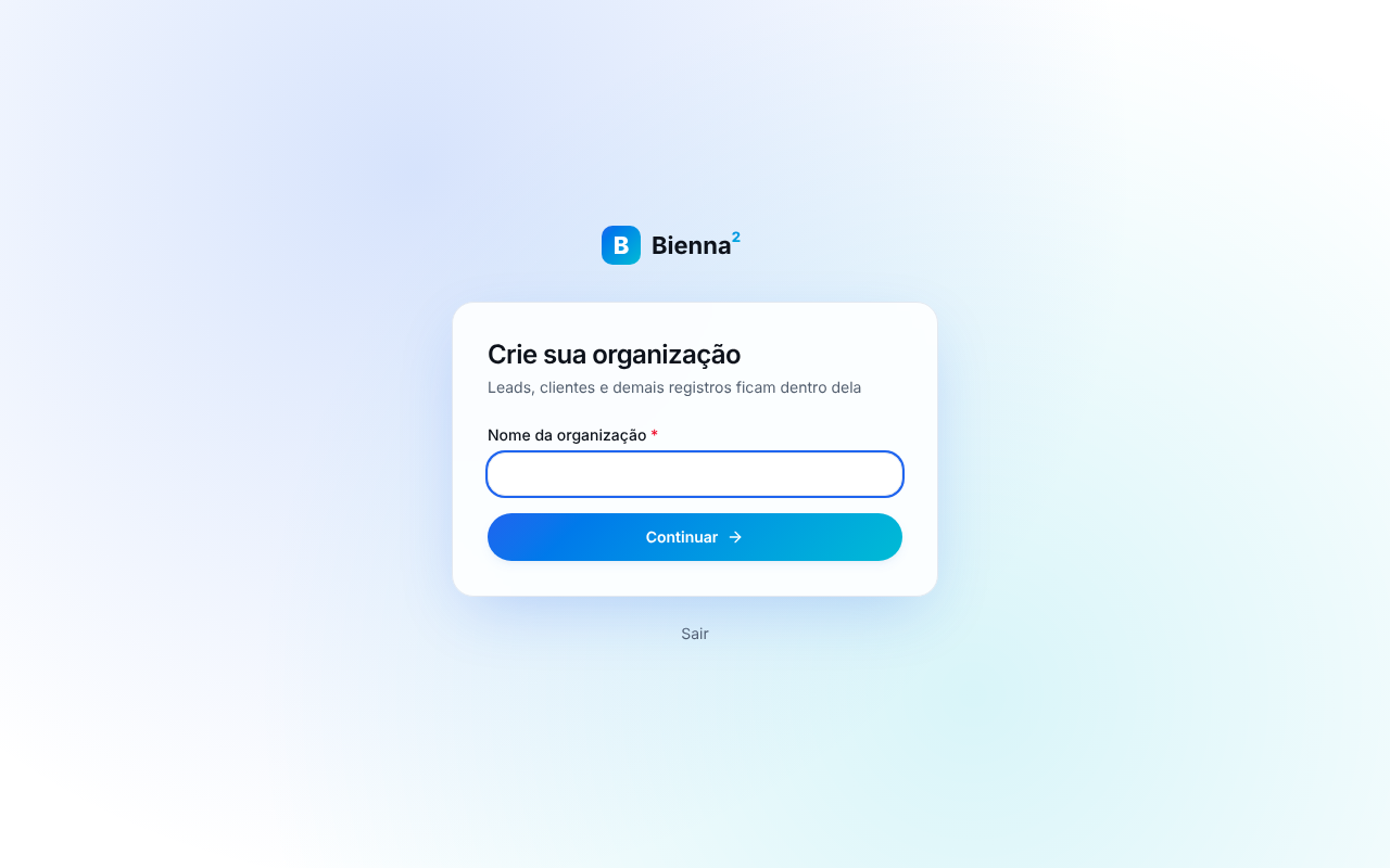 Tela Crie sua organização, com o campo Nome da organização e o botão Continuar