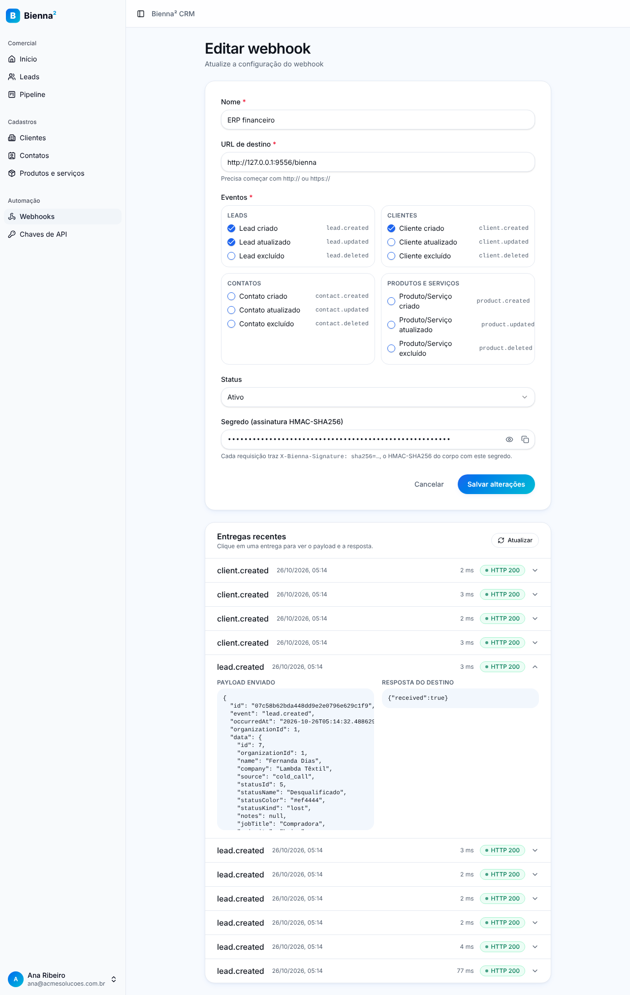 Página Editar webhook com o segredo mascarado e a lista Entregas recentes, uma delas aberta mostrando o payload enviado e a resposta do destino